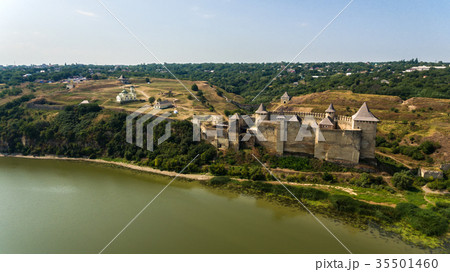 Aerial view of Khotyn medieval castle on the green 35501460