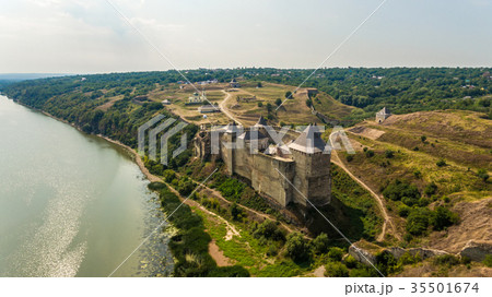 Aerial view of Khotyn medieval castle on the green 35501674