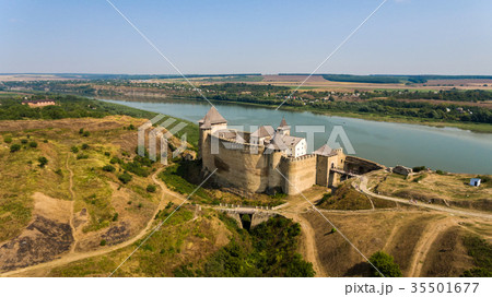 Aerial view of Khotyn medieval castle on the green 35501677