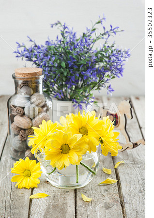 Yellow daisies decor and blue flowers 35502323