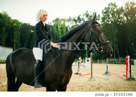 Equestrian sport, woman on horseback, side view Equestrian sport, woman on horseback, side view 35503386