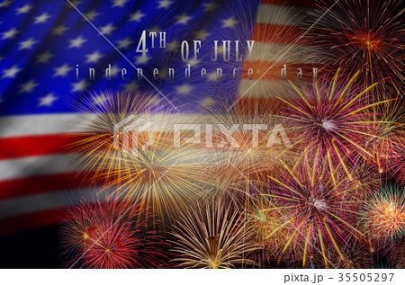 Multicolor Fireworks Celebrate over the United state of America USA flag background, Independence day concept 35505297