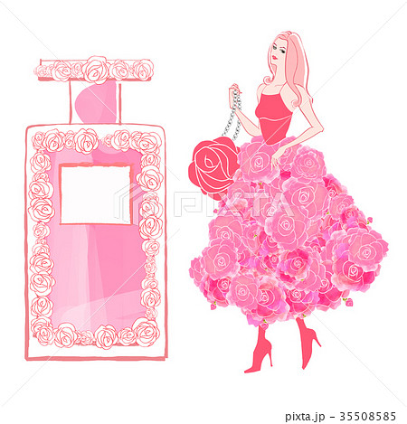 薔薇と香水とドレスの女性のイラスト素材