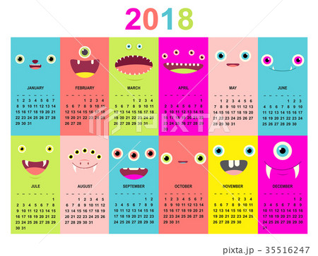 Monthly calendar 2018 with cute monsters faces Monthly calendar 2018 with cute monsters faces 35516247