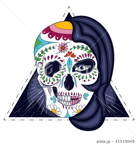 Womans head with half face skull engraved vector Womans head with half face skull engraved vector 35519049