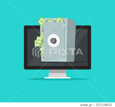 Computer with safe box full of paper money vector 35519635