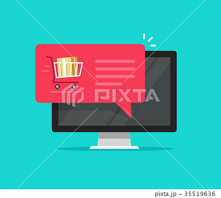 Desktop computer with shopping cart full, flat 35519636