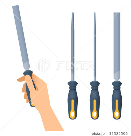 Hand holds a rasp. Various shapes iron file set. 35522506