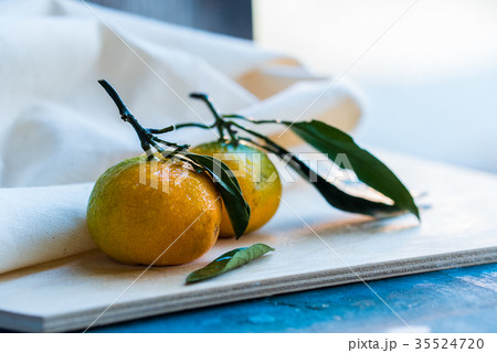 Close up two fresh tangerines with leaves on white 35524720