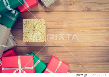 top view christmas gift box on wood table 35525993