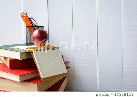 Books Pencil and glasses on a white wooden table Books Pencil and glasses on a white wooden table 35526118