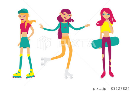 Set with bright young girls skating and rolling. Set with bright young girls skating and rolling. 35527824