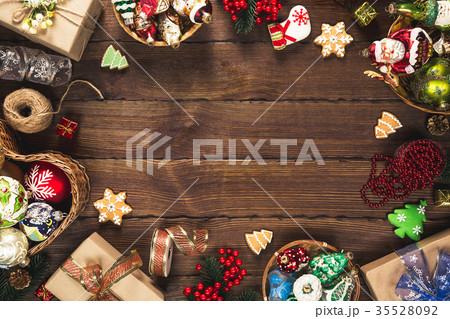 Christmas background with gifts, toys, tree 35528092