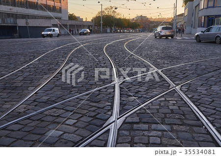 Tram rails old urban street 35534081