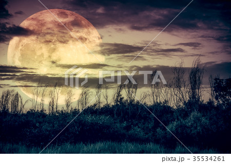Colorful sky with dark cloudy and big moon over si Colorful sky with dark cloudy and big moon over si 35534261