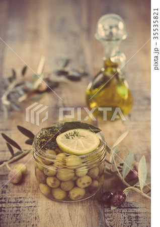 Green olives preserved in jar, preserve 35535821