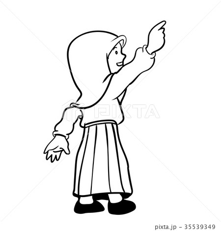 Hand drawn Muslim girl pointing up-Cartoon Vector 35539349