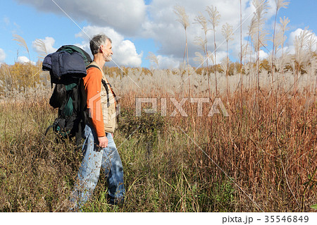 Man with a backpack walking across a tall grass Man with a backpack walking across a tall grass 35546849