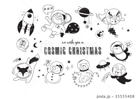 Merry Christmas - Cosmic Xmas, space winter illustrations, Santa, Penguin, Deer, Fox and space ship 35555408