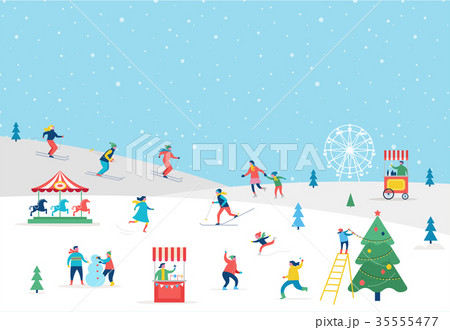Winter sport scene, Christmas street event, festival and fair, with people, families make fun 35555477