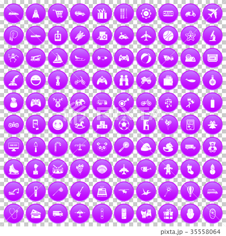100 toys for kids icons set purple 35558064
