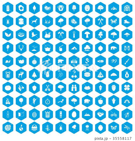 100 camping and nature icons set blue 35558117