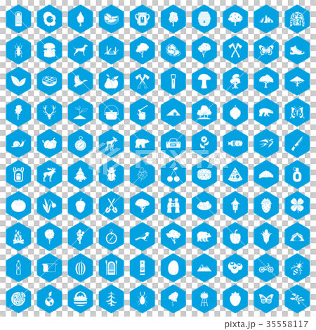 100 camping and nature icons set blue 35558117