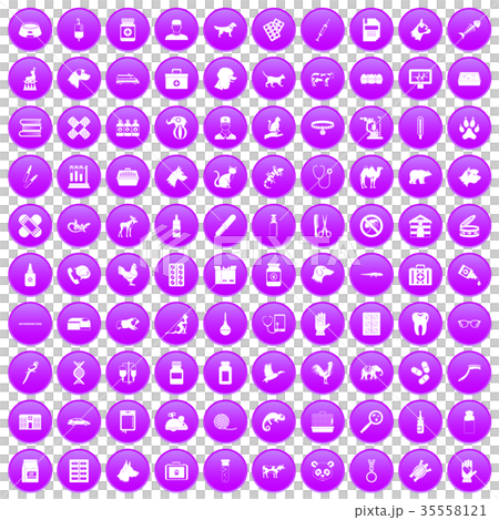 100 veterinary icons set purple 35558121