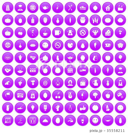 100 vegetarian cafe icons set purple 35558211