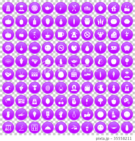 100 vegetarian cafe icons set purple 35558211