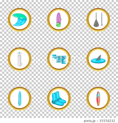 Surfing club icons set, cartoon style Surfing club icons set, cartoon style 35558232