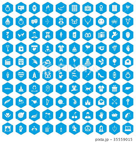 100 heart icons set blue 35559015