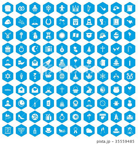 100 religious festival icons set blue 35559485