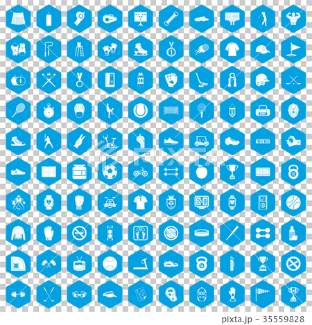 100 sport equipment icons set blue 35559828