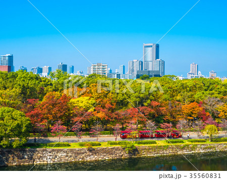 秋の大阪城公園とロードトレインの写真素材