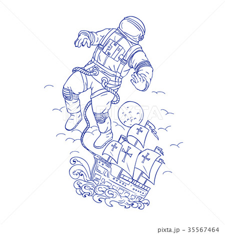 Astronaut Tethered Caravel Ship Drawing 35567464