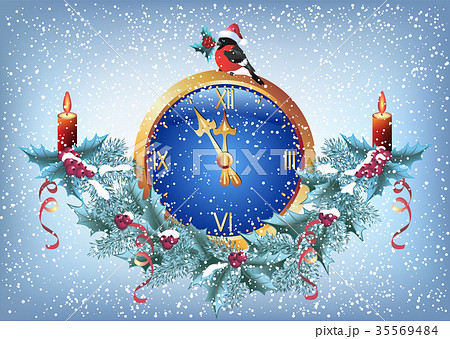 Christmas chimes with bullfinch in santa hat Christmas chimes with bullfinch in santa hat 35569484