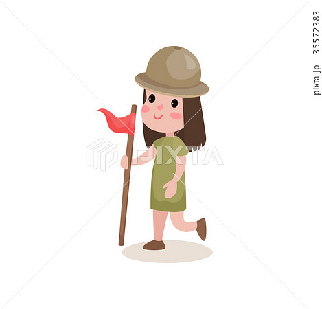 Girl scout character running with flag in hand Girl scout character running with flag in hand 35572383