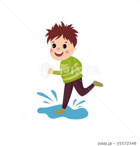Mischievous little boy jumping on puddle, cartoon Mischievous little boy jumping on puddle, cartoon 35572546