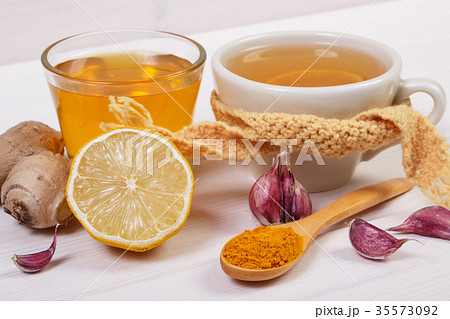 Cup of tea with lemon and ingredients 35573092