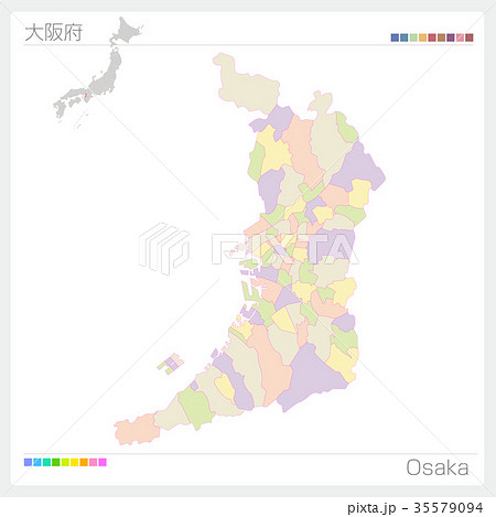 大阪府の地図 市町村 色分け のイラスト素材