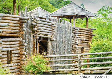Wall of medieval wooden castle 35583212