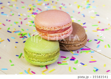 Macrons in various colors on table 35583541
