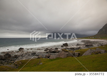 Dramatic scenery on the Uttakleiv beach, Norway 35584772