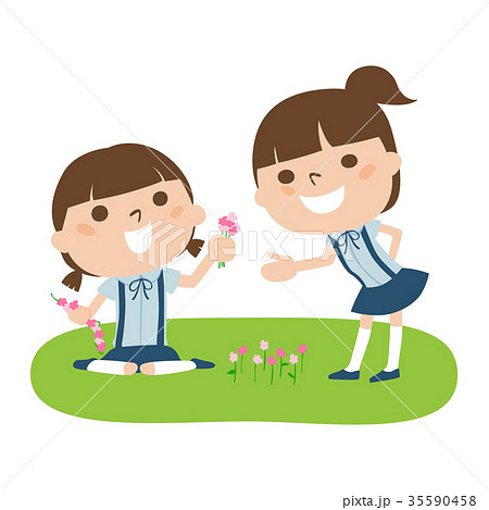 女の子 花摘み イラストのイラスト素材