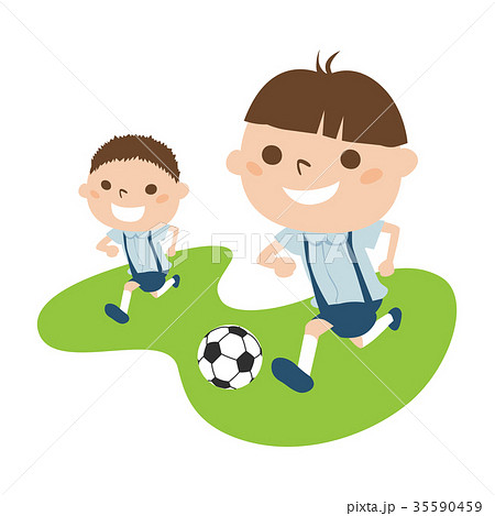 制服を着た可愛い男の子二人がサッカーボールで遊んでるイラスト のイラスト素材
