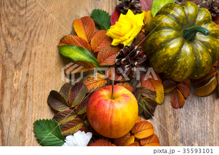 Fall wreath with green pumpkin, yellow silk roses Fall wreath with green pumpkin, yellow silk roses 35593101