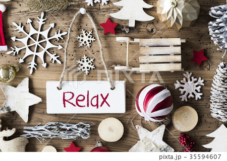 Rustic Christmas Flat Lay, Text Relax 35594607