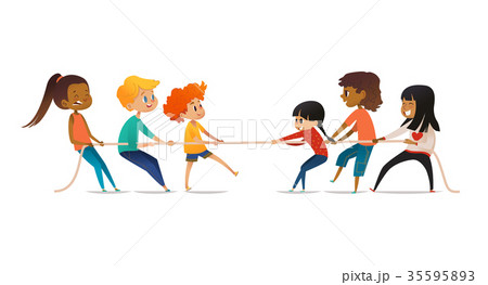 Excited boys and girls pulling rope. Tug of war Excited boys and girls pulling rope. Tug of war 35595893