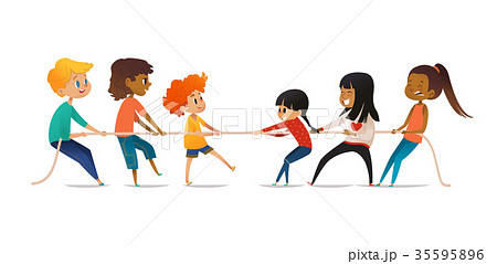 Tug of war contest between boys and girls. Two 35595896